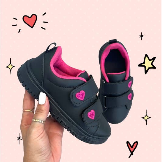 Tênis Preto Infantil Feminino COSTURADO Love, sem cadarço Velcro menina