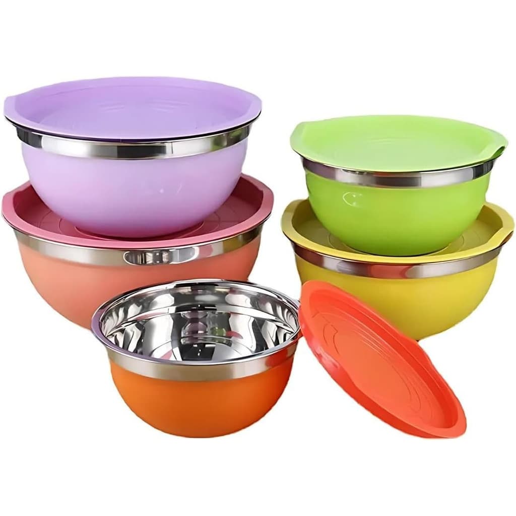 Conjunto De 5 Bowls Tigelas De Inox Coloridos Com Tampa