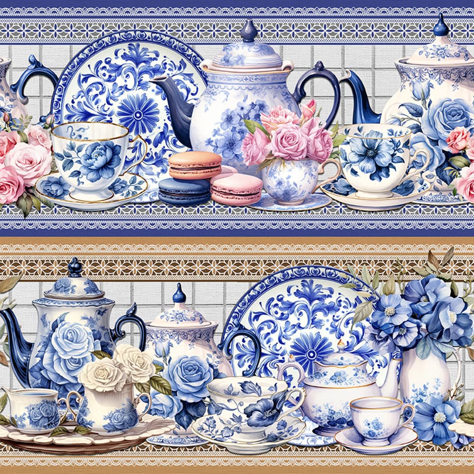 Tricoline Digital Barrado Louças Portuguesas, 55cm x 1,50mt