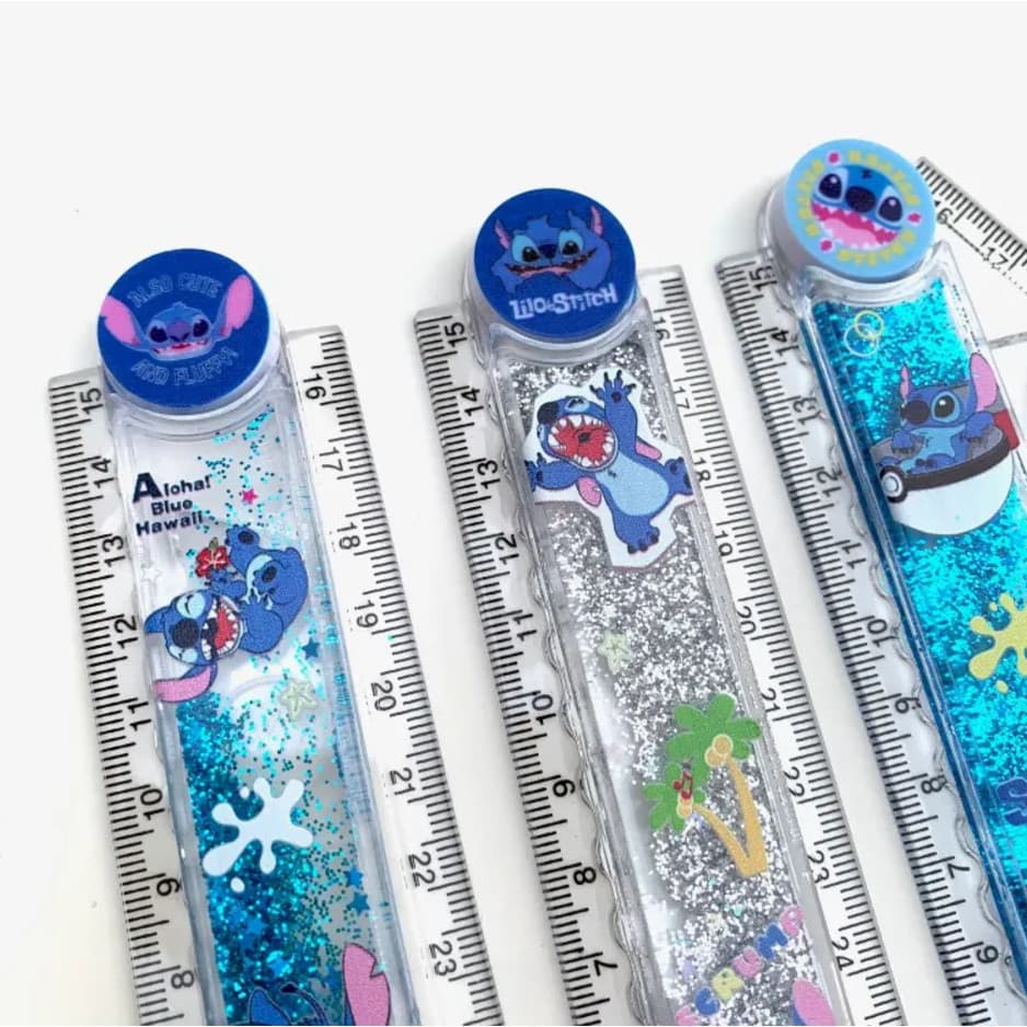 Régua Stitch dobrável com água e glitter brilho transparente 15 ou 30cm / PAPELARIA FOFA KAWAII
