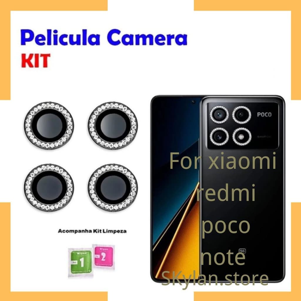Pelicula diamante de vidro protetor de Lente Cãmera Para Xiaomi Redmi Note 12 13 14 pro plus Poco X5 X6 PRO 13C C65