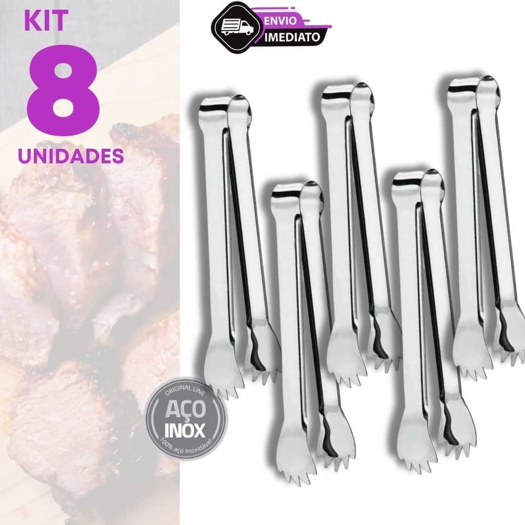 Jogo 8 Pegador de Carne 12,5cm Inox Para Gelo Frios Doces Fruta Salada Churrasco Cozinha Buffet Bar