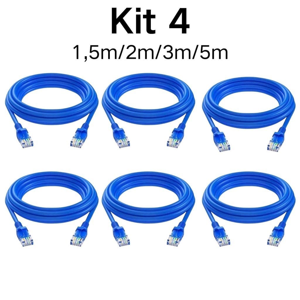 Kit 4 Cabo de rede internet Montado rj45 azul 1.5m, 2m, 3m, 5 Metros