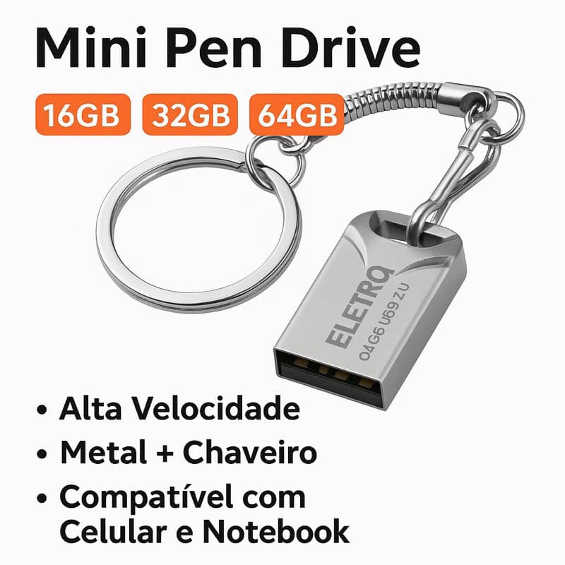 Pen Drive USB 2.0 Metálico com Chaveiro 16GB 32GB 64GB – Compacto, Resistente à Água, p/ PC e Notebook