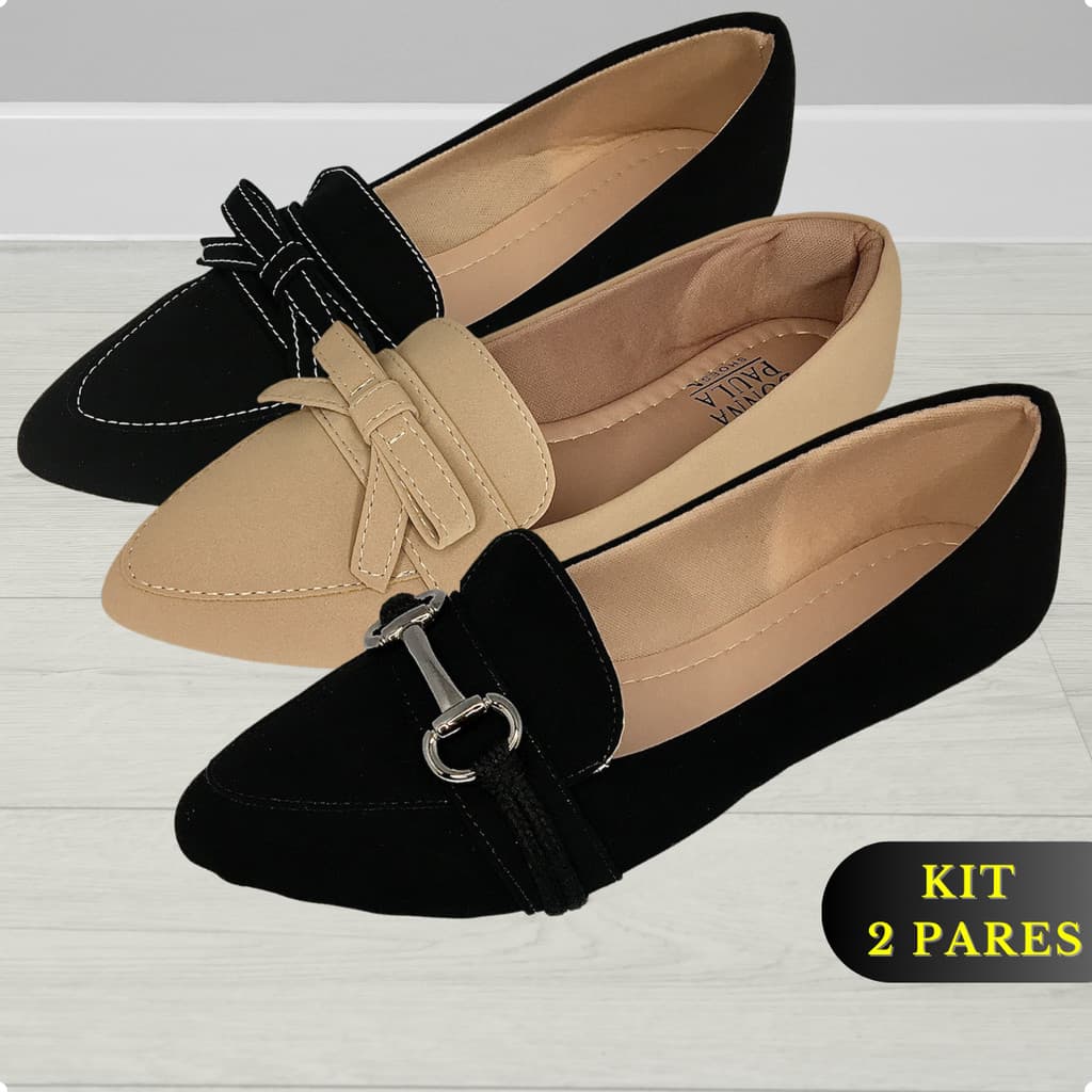 Kit Sapatilha Feminina Bico Fino Rasteirinha 2 Pares Mocassim Feminino Sandália Sapato Feminino Rasteira Moda