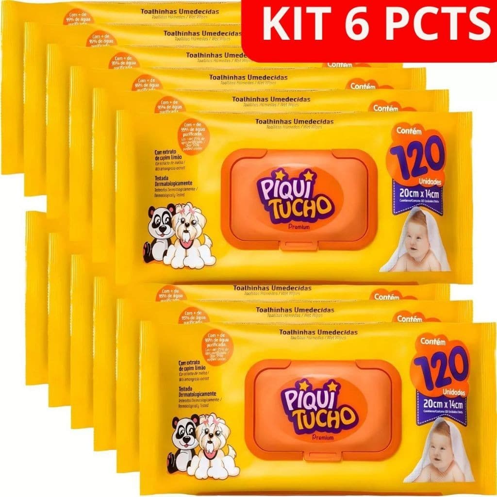 Kit com 6 Pacotes Toalha Lenço Umedecido Piquitucho 120 Unidades cada