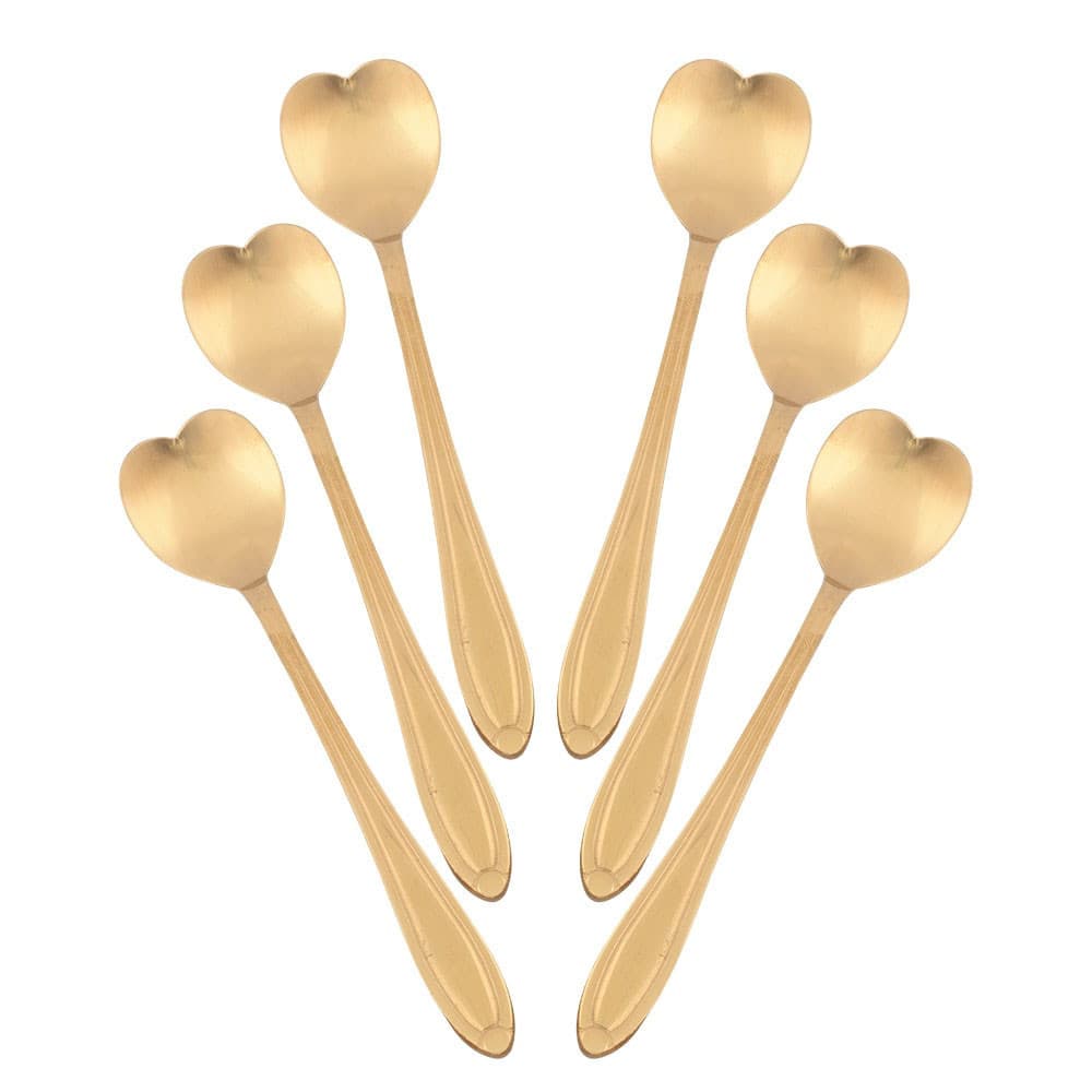 Kit Jogo 6 Colheres Café Chá Coração Sobremesa Inox Dourada