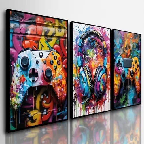 kit Quadros Decorativos 50X30 Controle Colorido Gamer Jogos Neon Premium