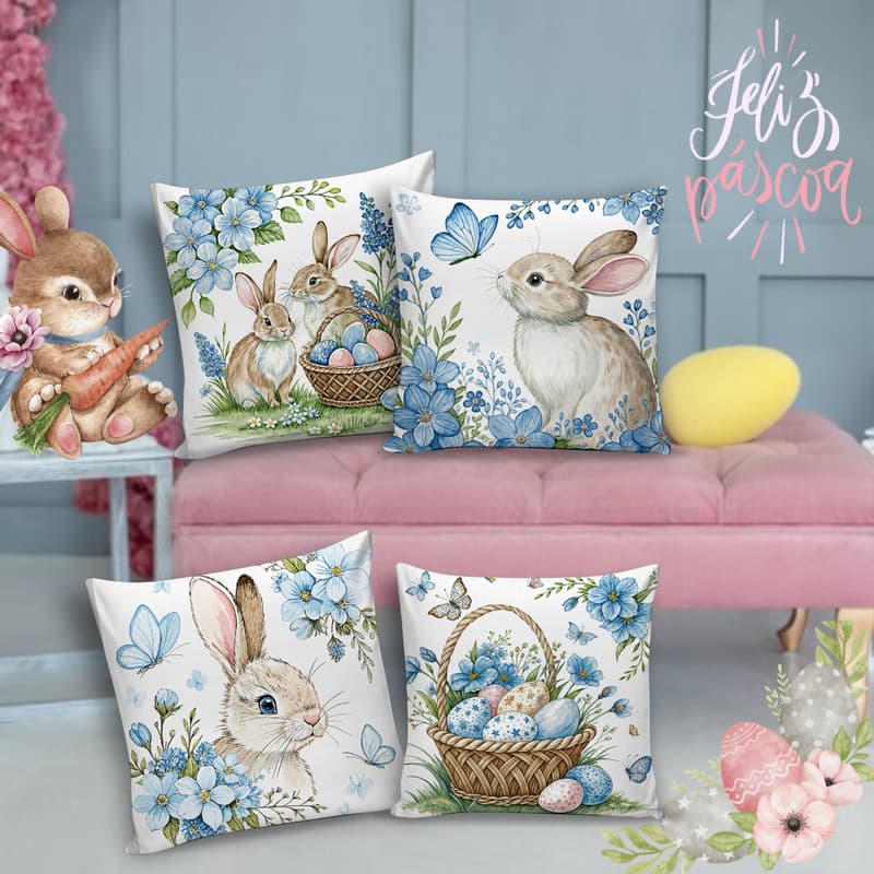 Kit 04 Capas de Almofadas Decorativas Páscoa 45x45 | Estampas Variadas