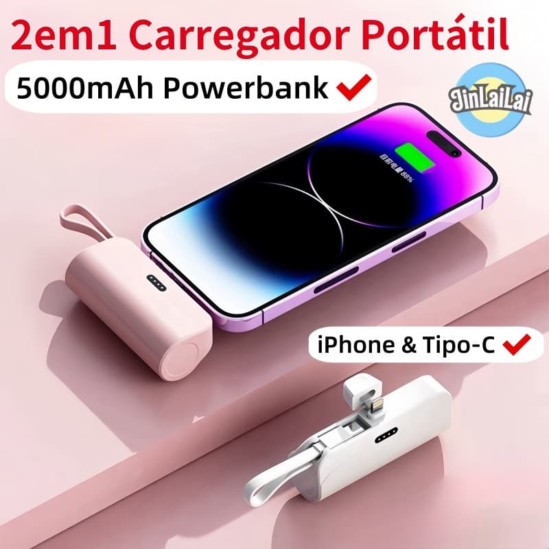 Carregador Mini Power Bank 5000mAh Bateria Sem Fio 2em1 Carregador Portátil para iPhone e Tipo-C