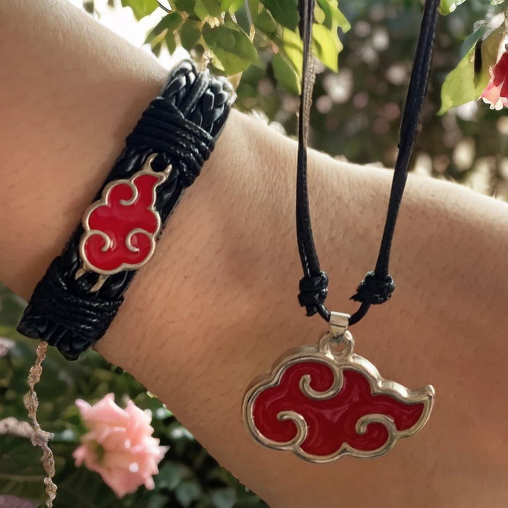 kit Colar+pulseira de couro ajustavel com símbolo da akatsuki Naruto anime nerd geek nuvem vermelha