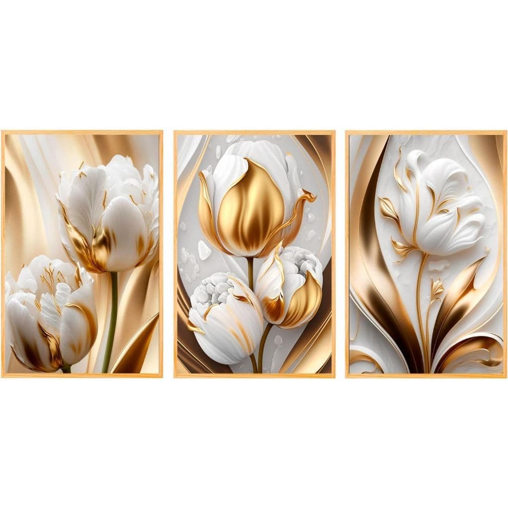 Quadro decorativo para salas e quartos tulipas brancas e douradas luxo gold 3 peças n010