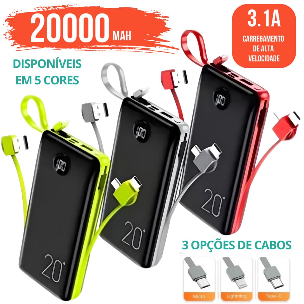 Carregador Portátil Bateria Power Bank 20000mah com visor na tela 3.1a alta velocidade de carga