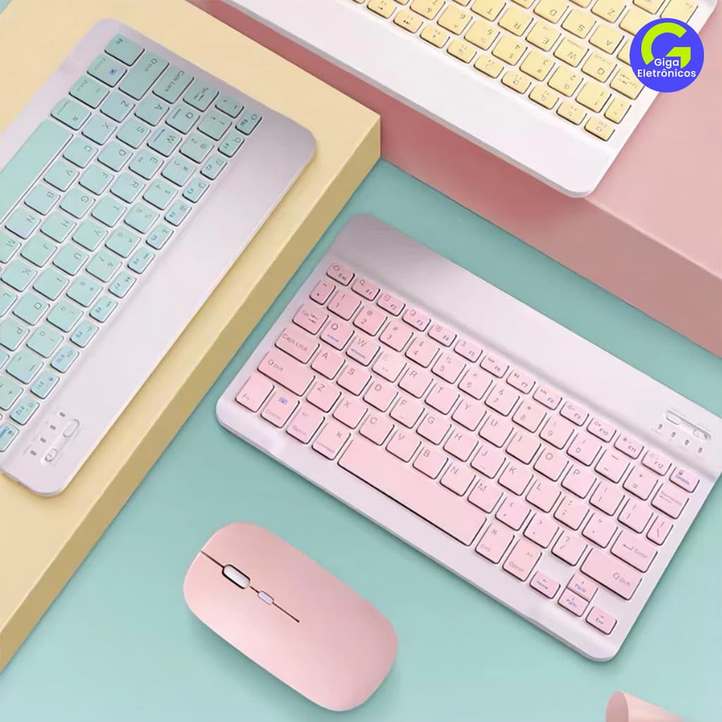 Kit de Teclado e Mouse Sem Fio Bluetooth Macaron com Design Moderno Destinado a PC iPad Tablet e Notebook