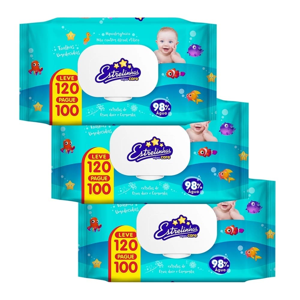 Kit 3 und Toalha Umedecida Estrelinhas 120 Folhas