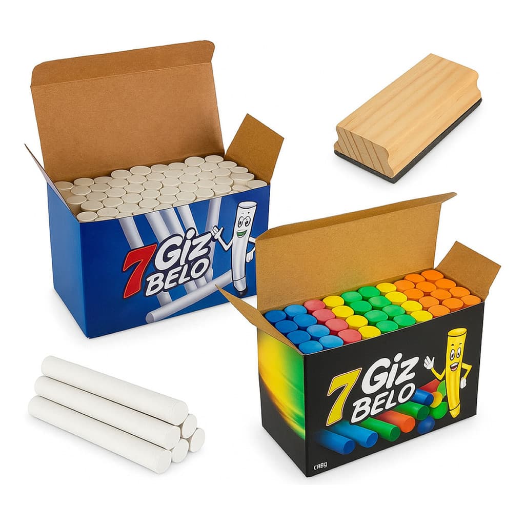 Kit 2 Caixas Giz De Lousa 50u Branco E Colorido + Apagador