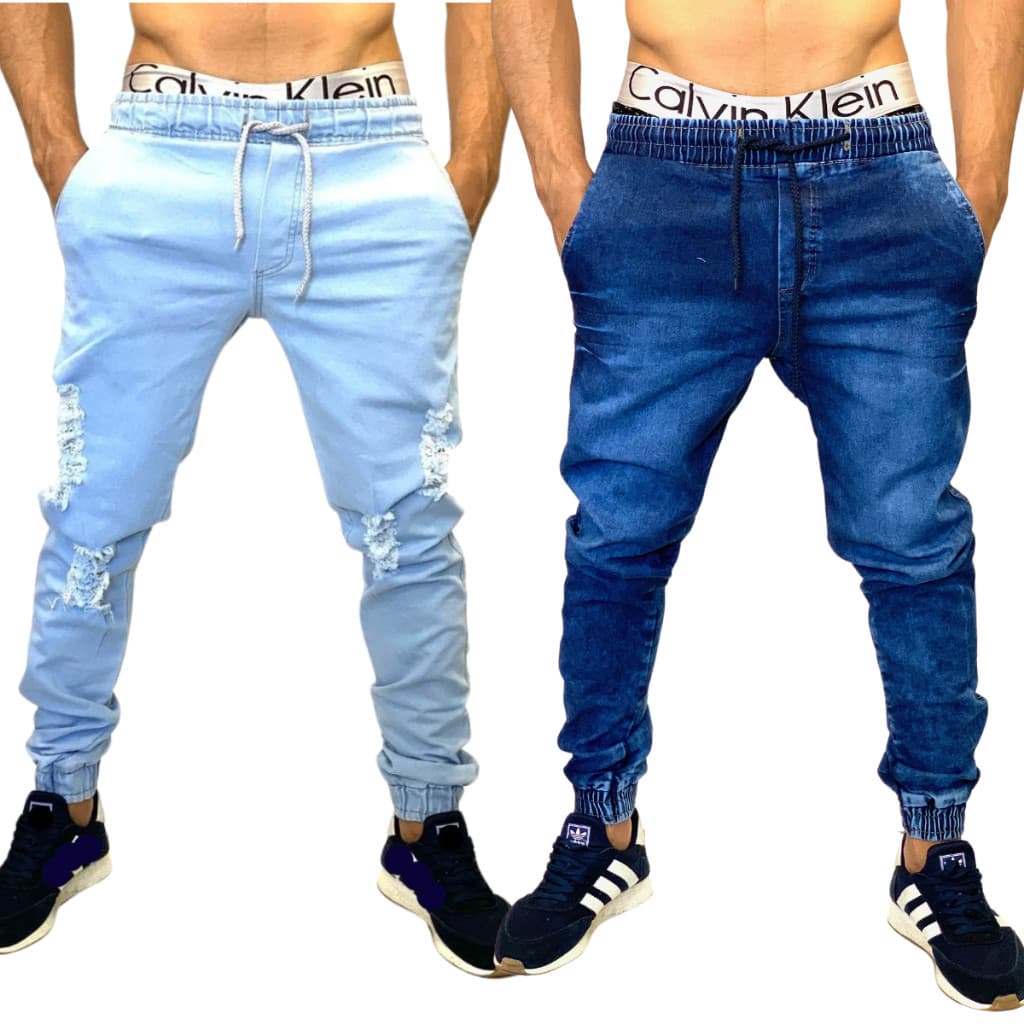 Calça masculina jeans e sarja jogger Lisa e Rasgada KIT COM 2 Preta Bege Vinho Jeans Clara e Escura