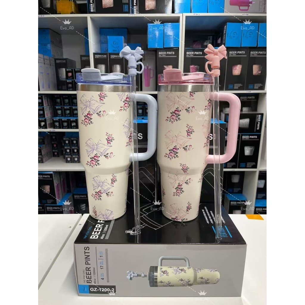1200ml Novo Copo De Aço Inoxidável Com Alça Tampa Palha Rosa azul Arco Copos Vácuo Isolado Caneca Presente Aniversário