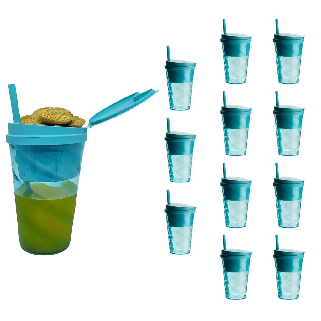 12 Copos Com Porta Lanche e Snacks Com Tampa e Canudo 2 Em 1 600ml