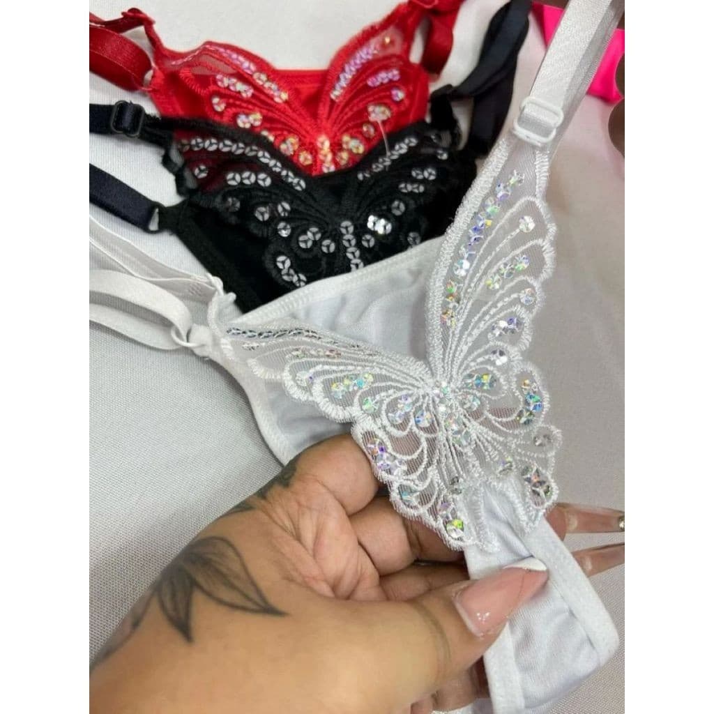 Kit 3 Calcinhas Borboleta VERMELHA PRETA BRANCA Fio Dental Sexy Regulagem Sensual Lingerie Feminina Tanga