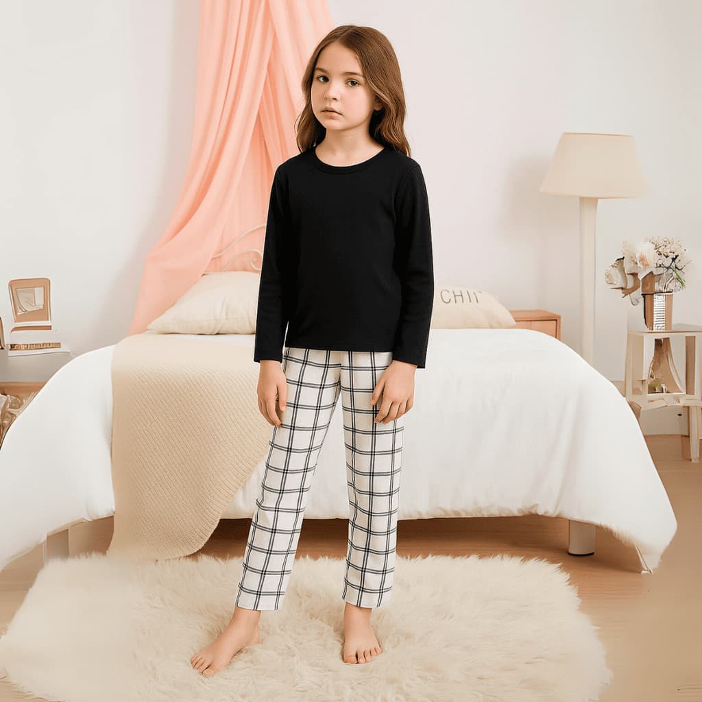 Pijama Infantil Menina Longo Quente Estampado de Frio Roupa de Dormir Feminino Inverno Xadrez