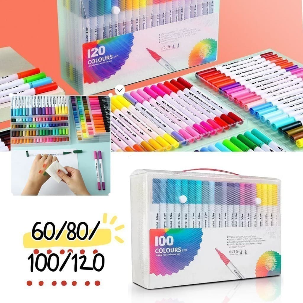 Kit 24/36/48/60/80/100/120 Cores Caneta 2 em 1 Brush Lettering e Ponta Fina Dual Pen Canetinha Colorir Desenho