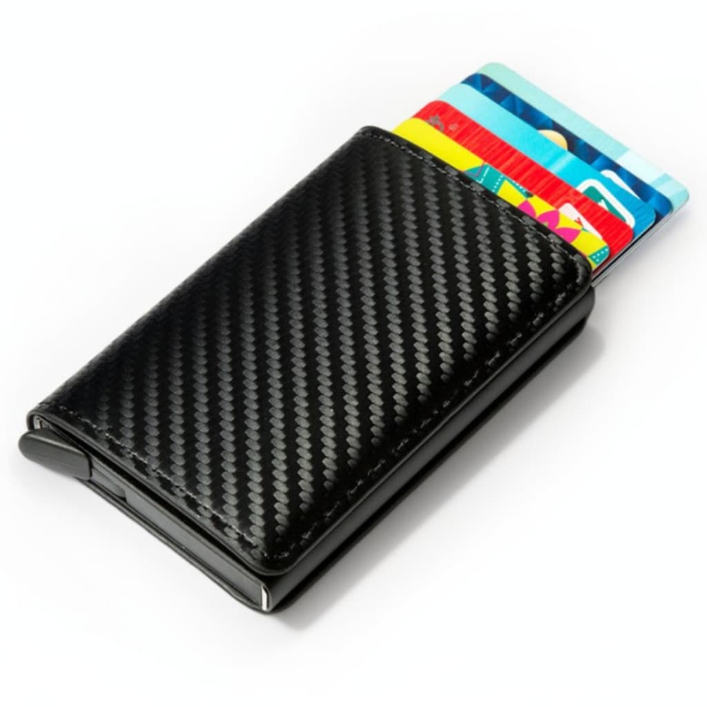 Carteira Masculina Porta-Cartões Fibra De Carbono Couro Preta Tripla Slim Antifurto Mágica RFID