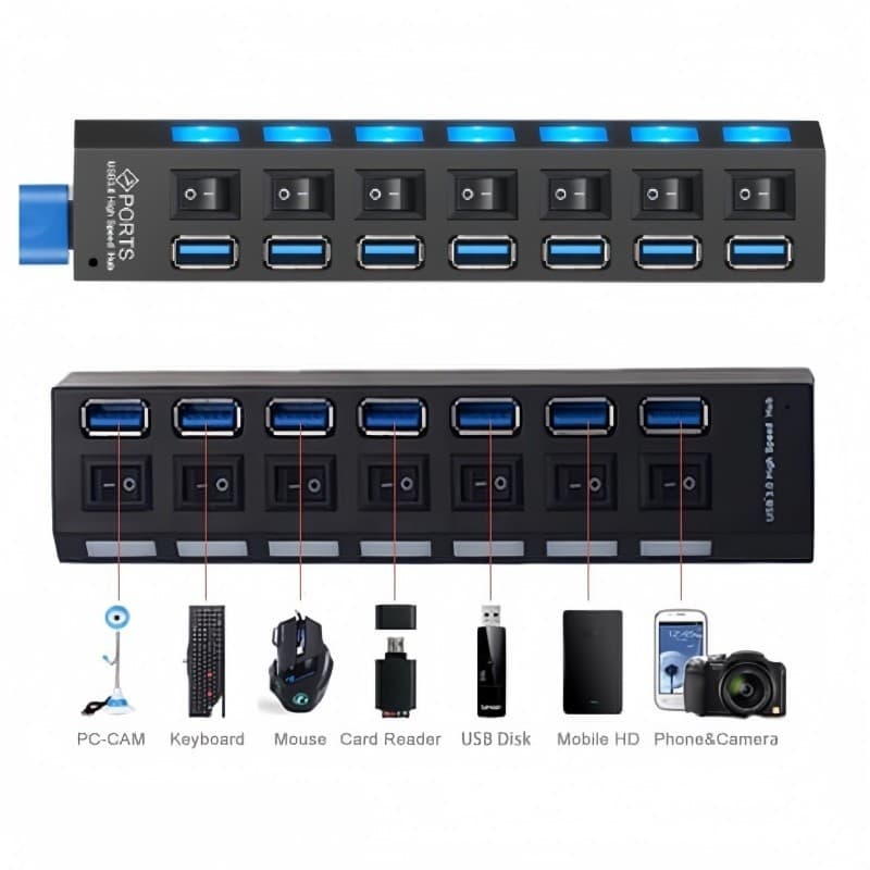 HUB Tira De Extensão De Usb 3.0 2.0 4 7 Portas Com Interruptor Seletor Pc Externo Hd Pendrive
