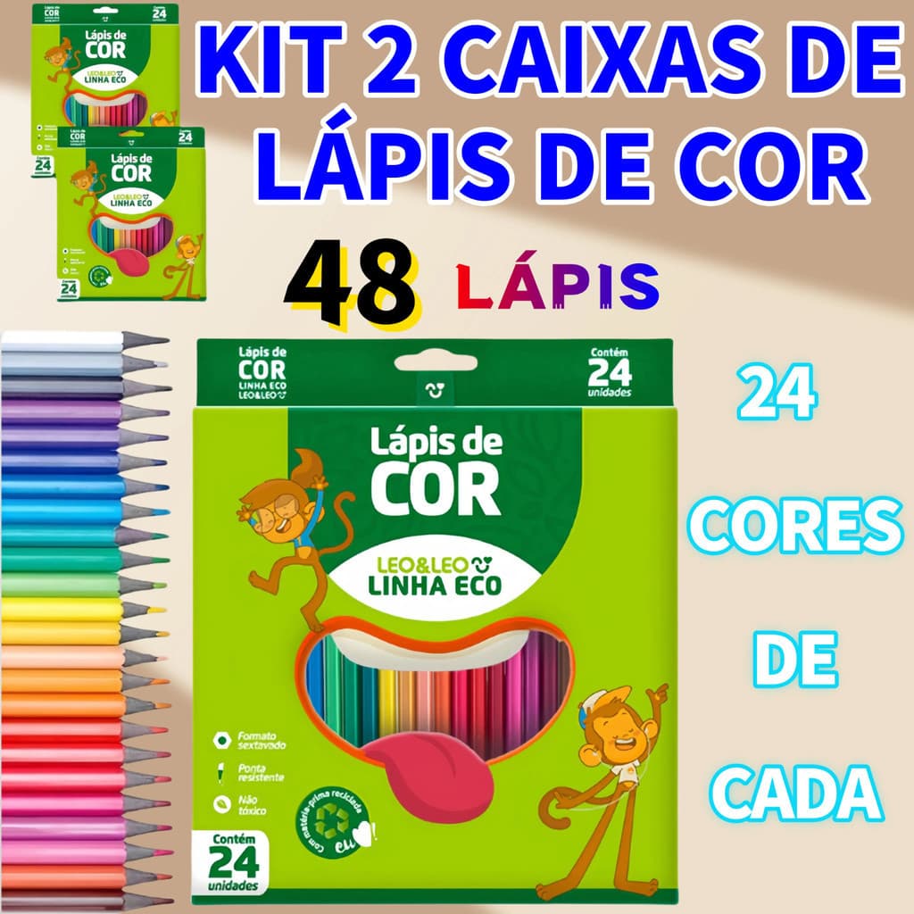 Kit 2 Caixas Lapis De Cor 24 Cores Eco Sextavado Possibilidades Artísticas São Infinitas  Leo & Leo 