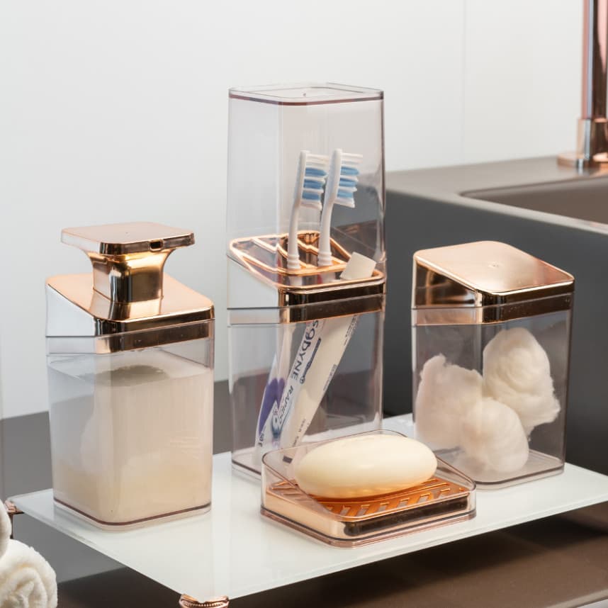 Kit Banheiro Luxo Lavabo Porta Sabonete Sabão Líquido Algodão Escova de Dentes Rose Gold