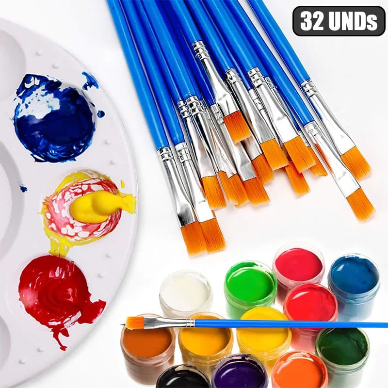 Kit 32 Pincéis Para Pintura Pontas Chata Artesanato Tinta Acrílica Aquarela Óleo Guache Arte Nylon