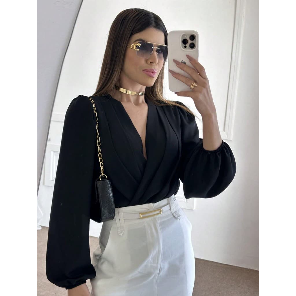 Body Transpassado Feminino Manga Bufante | Semitransparente