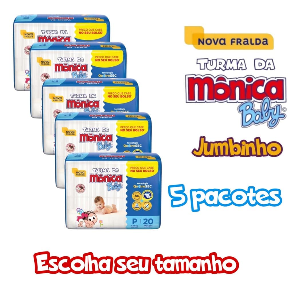Kit C/5 Pacotes de Fralda Turma Da Monica  Jumbinho RN,P,M,G