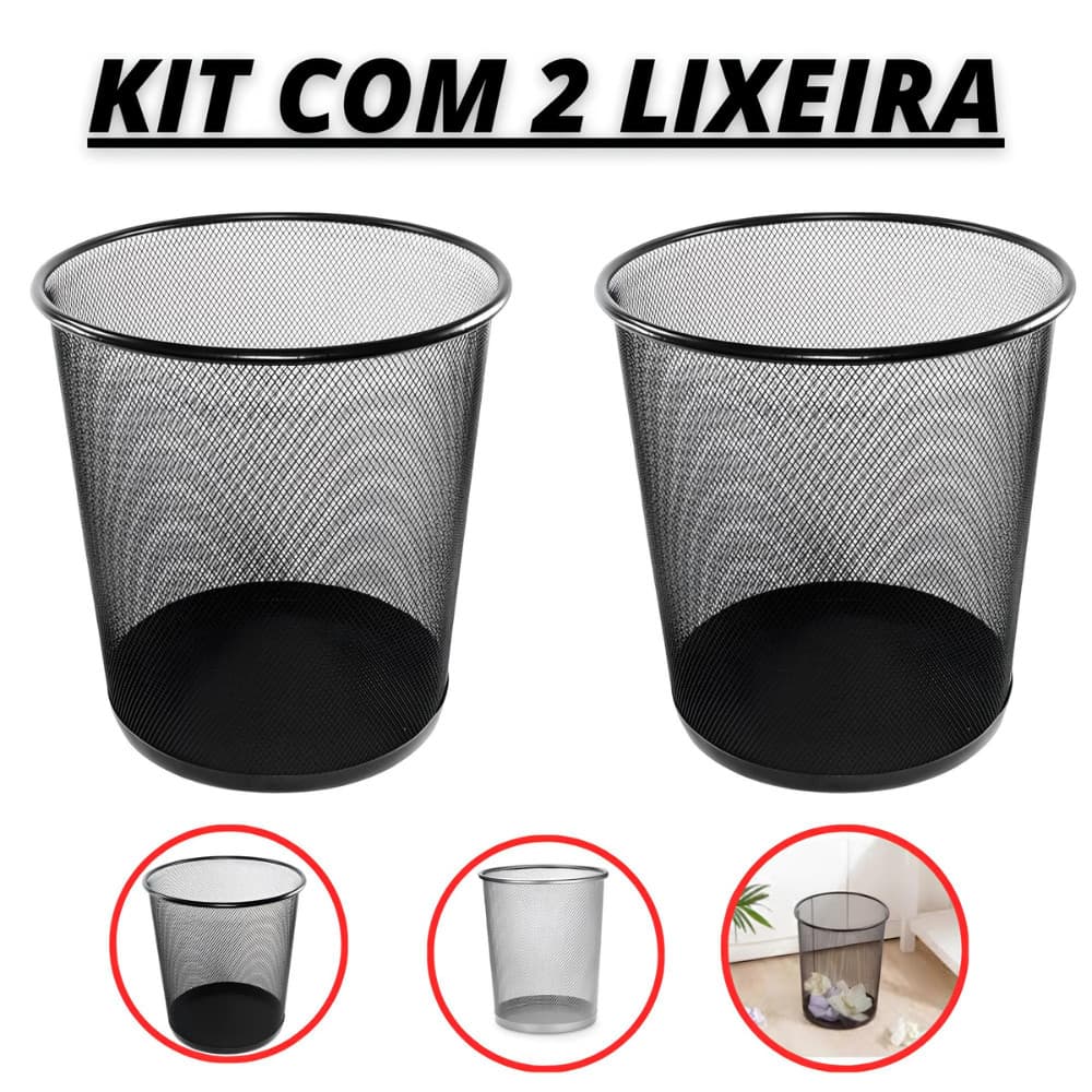 Kit Com 2 Lixeira Metal De 10 Litros Aramado Cesto Lixo Reforçado Para Escritorio Casa Quarto Top