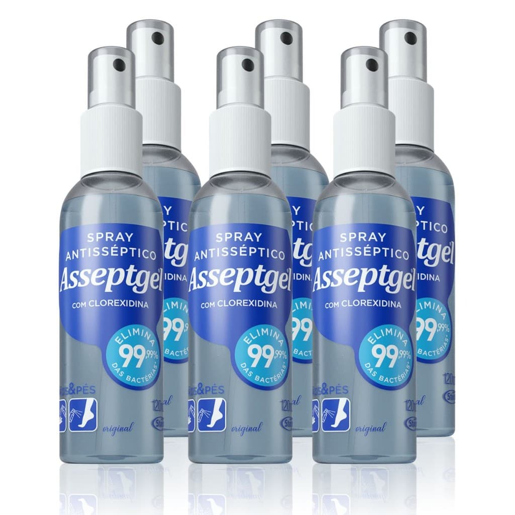 Pack 6un Spray Antisséptico com Clorexidina Asseptgel Elimina 99,99% das Bactérias Mãos e Pés 120ml