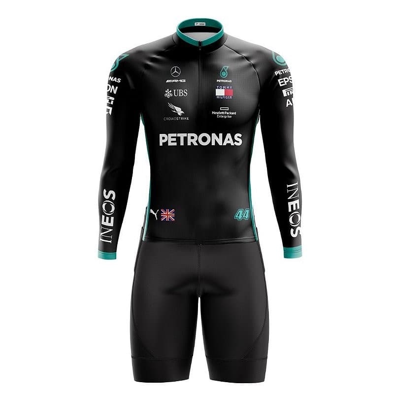 CONJUNTO CICLISMO MASCULINO BERMUDA E CAMISA MANGA LONGA PRO TOUR F1 COM BOLSOS UV50+