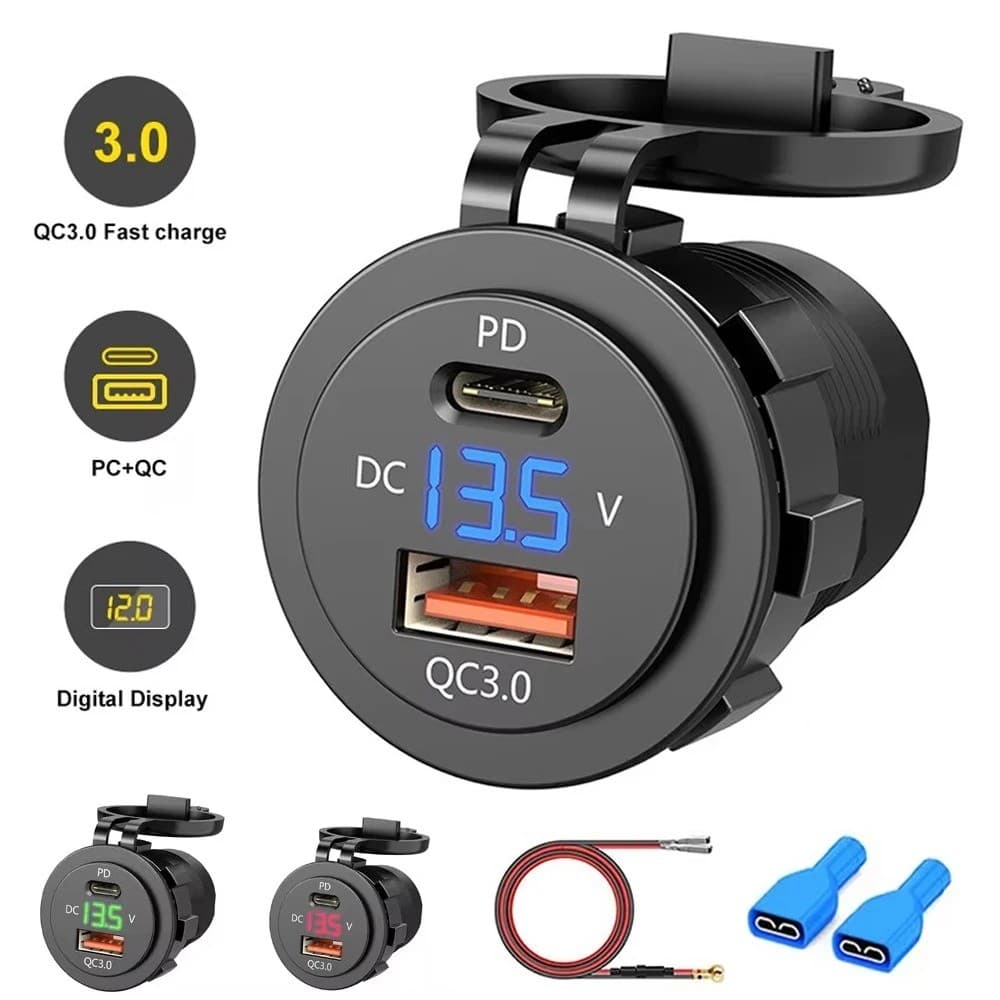 PD QC3.0 Tomada De Carregador De Carro Com Medidor De Tensão Carga Rápida 3.0 Energia Para 12V/24V Motocicleta Caminhão 