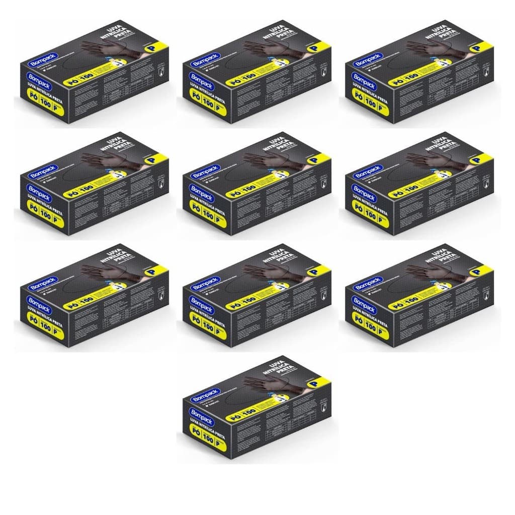 Luva Nitrílica Preta Sem Pó Bompack Tamanho P;M;G – Kit com 10 Caixas