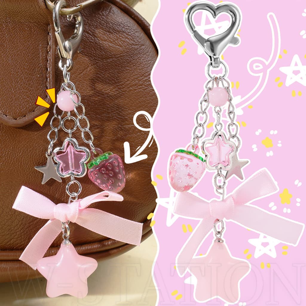 Chaveiro Doce E Fofo Com Laço De Morango-Pingente De Arco Rosa Para Meninas Y2K-Enfeites De Miçangas Presente Amigo Bols