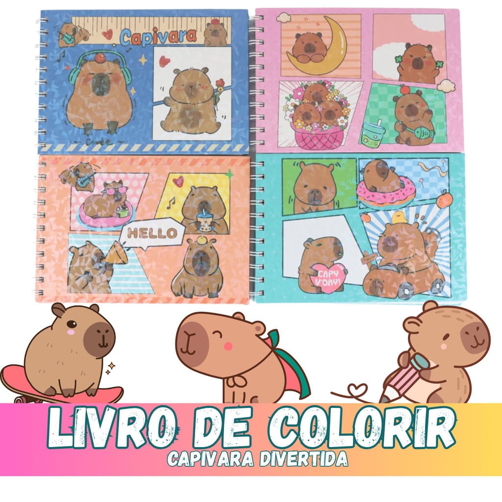 Livro Para Colorir Capivara 50 Páginas Capa Dura E Flexível Caderno Pintura Coloring  Desenhos