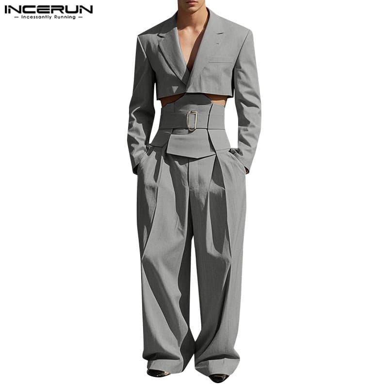 INCERUN Masculino Vintage Curto Blazer Casual Calças De Perna Larga Conjuntos De Duas Peças