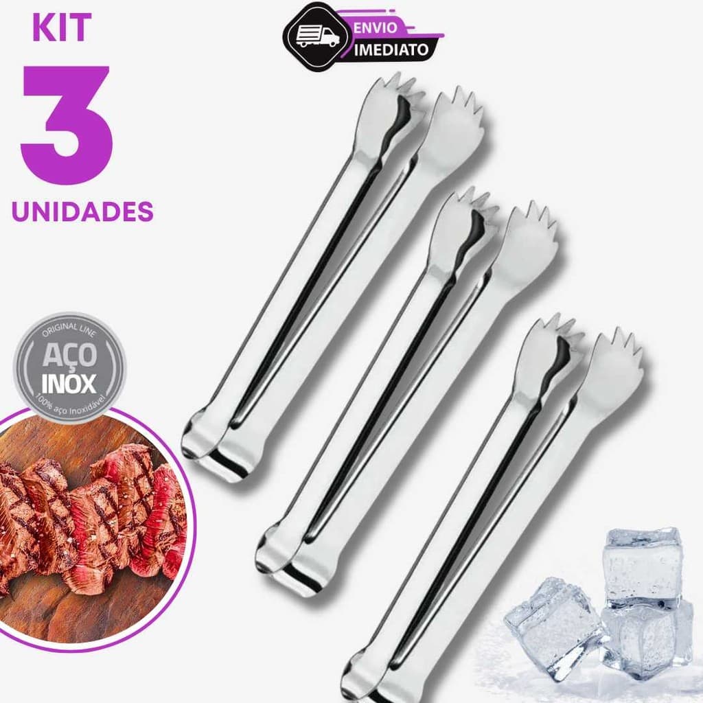 Jogo 3 Pegador de Carne Inox 12,5cm Self-Service Frios Doces Buffet Carnes Bar Petiscos Restaurante