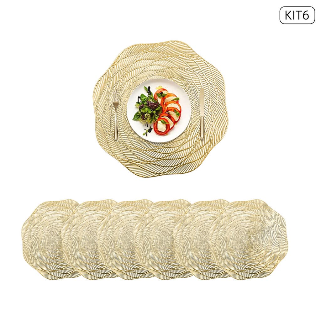 Kit 6 Jogo Americano Sousplat PVC Redondo Dourado Para Mesa de Cozinha Sala de Jantar