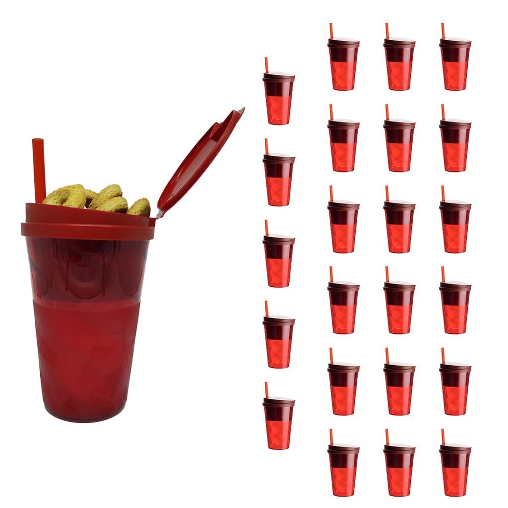 24 Copos Com Porta Lanche e Snacks Com Tampa e Canudo 2 Em 1