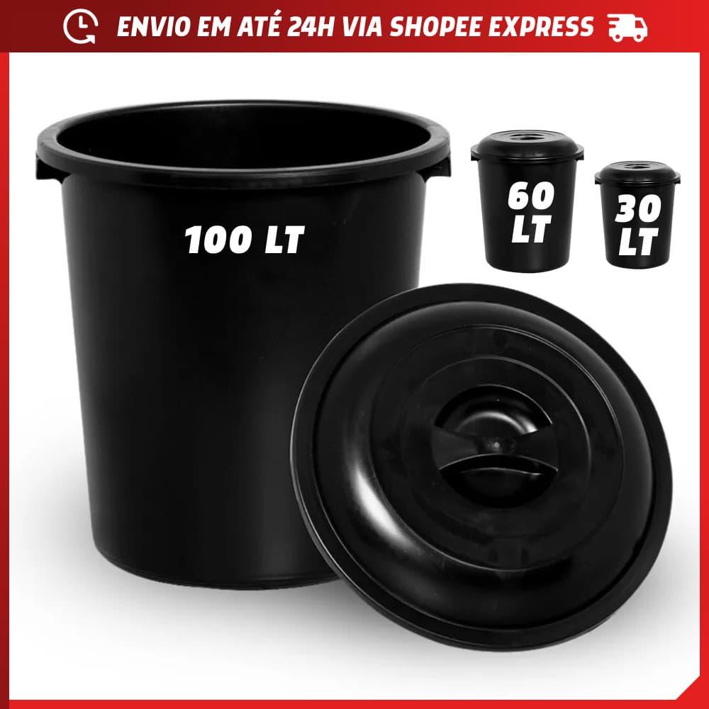 Cesto Lixo Fechado Preto Tampa 100L 60L 30L Plástico Resistente Reservatório Casa Comércio Hospital