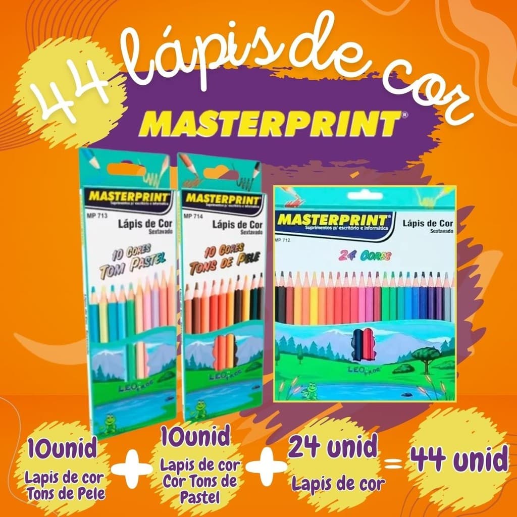 Kit 44 Lápis de Cor (24 CORES + 10 Cores Tom Pastel +10 Cores Tons de Pele) Escolar Sextavado