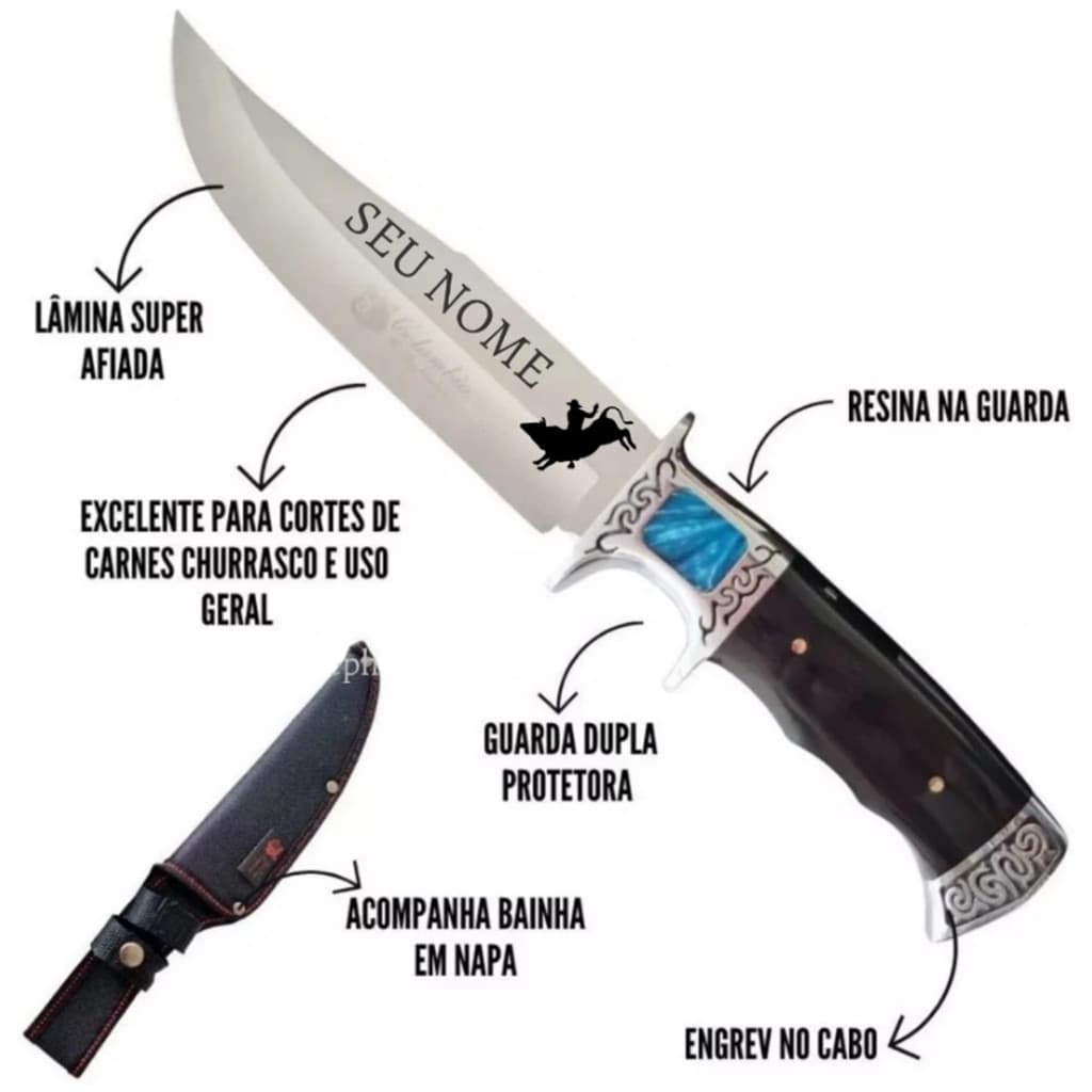 Faca Personalizada com nome De Caça Pesca Churrasco Luxo Fulltang Inox Com Bainha