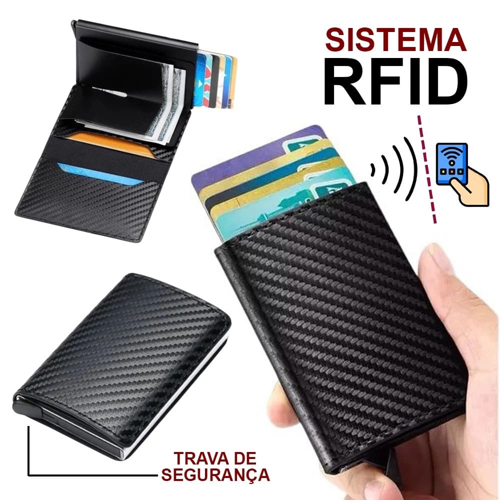 Carteira Slim Automática Tripla Em Couro E Fibra De Carbono Porta-Cartões Masculina Proteção RFID