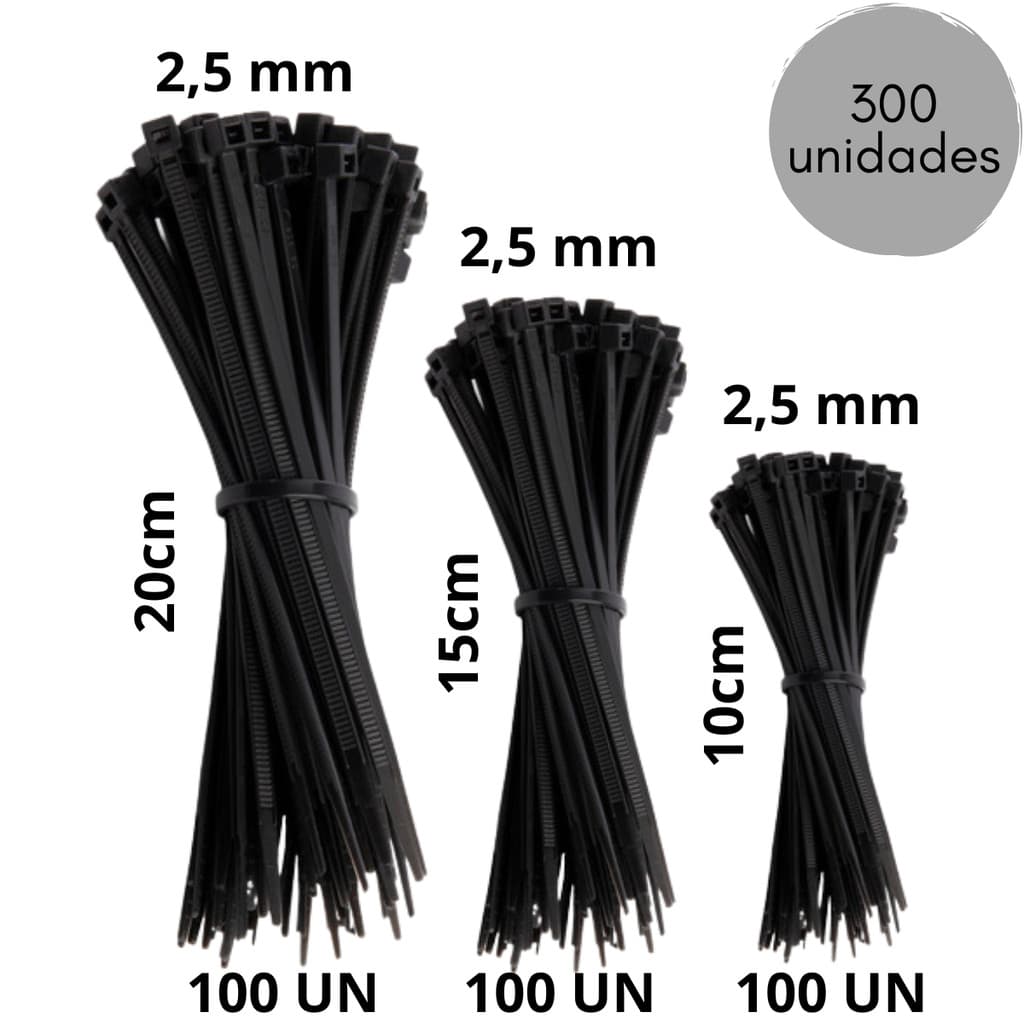 300 Unidades Abraçadeira Nylon 3 tamanhos 10, 15 e 20 cm X 2,5 mm Enforca Gato Presilha Lacre Fita