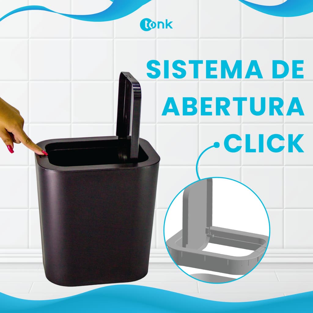 Lixeira Click 15L com Tampa Preta Abertura Pressão Sem Refil Banheiro Cozinha Escritório Casa